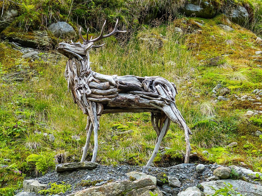 brown, wooden, deer sculpture, hirsch, forest, meadow, wild, fallow deer, nature, antler