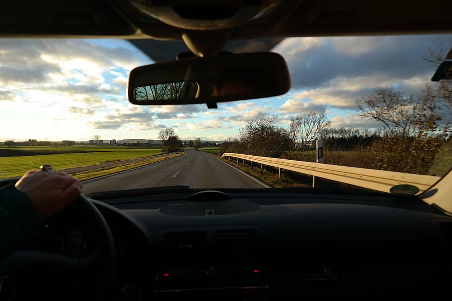 clear road ahead, road, exit, drive, windshield, trip, tour, driver, rear mirror, landscape