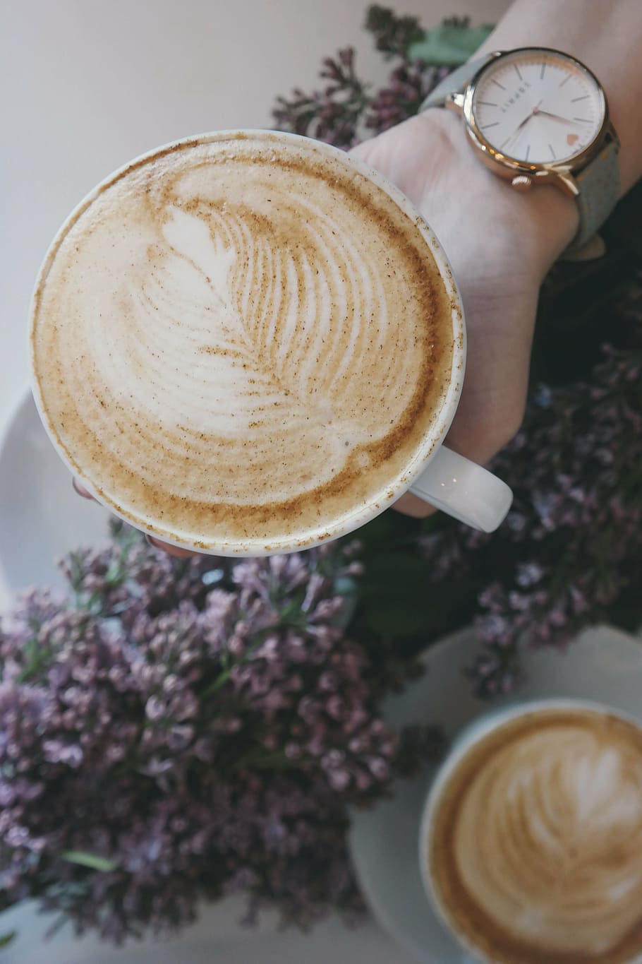 person, holding, white, ceramic, mug, filled, cappuccino, coffee, caffeine, hot