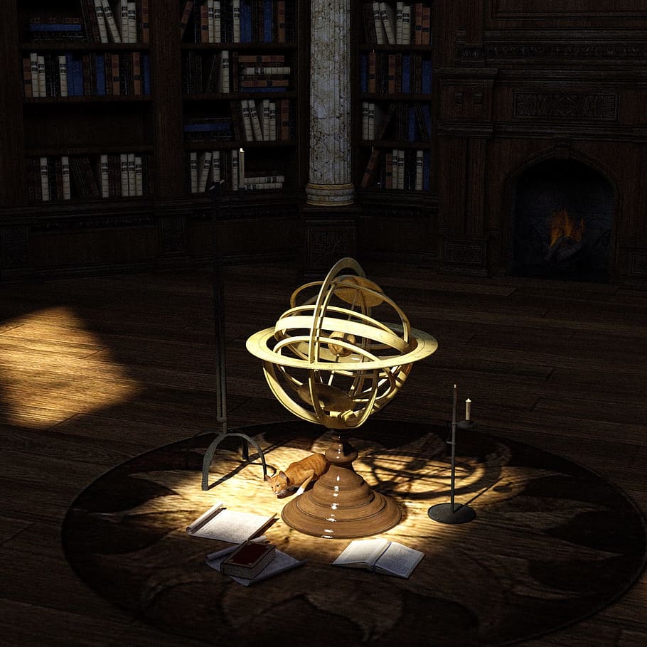 brown, wooden, base, gray, metal armilliary sphere, surface, library, books, globe, parchment scrolls