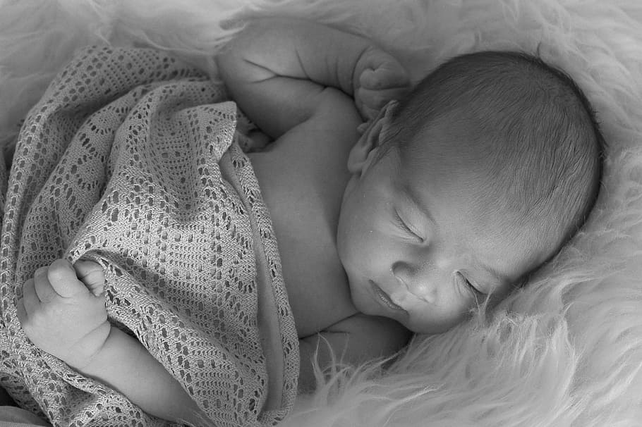 grayscale photography, baby, sleeping, white, fur comforter, boy, newborn, infant, sleep, portrait