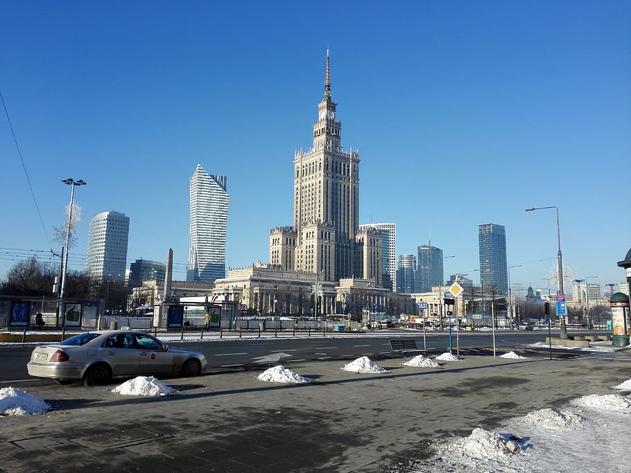gray, sedan, asphalt road, cialis, warsaw, palace of culture and science, pkin, the capital of poland, city, poland