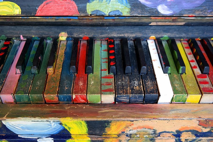 foto, dicat, hitam, warna-warni, piano, alat musik, keyboard piano, kunci, instrumen, musik