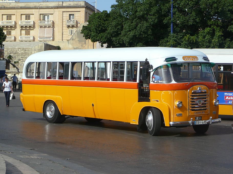 bus, yellow, vintage, transport, vehicle, travel, public, ride, trip, malta