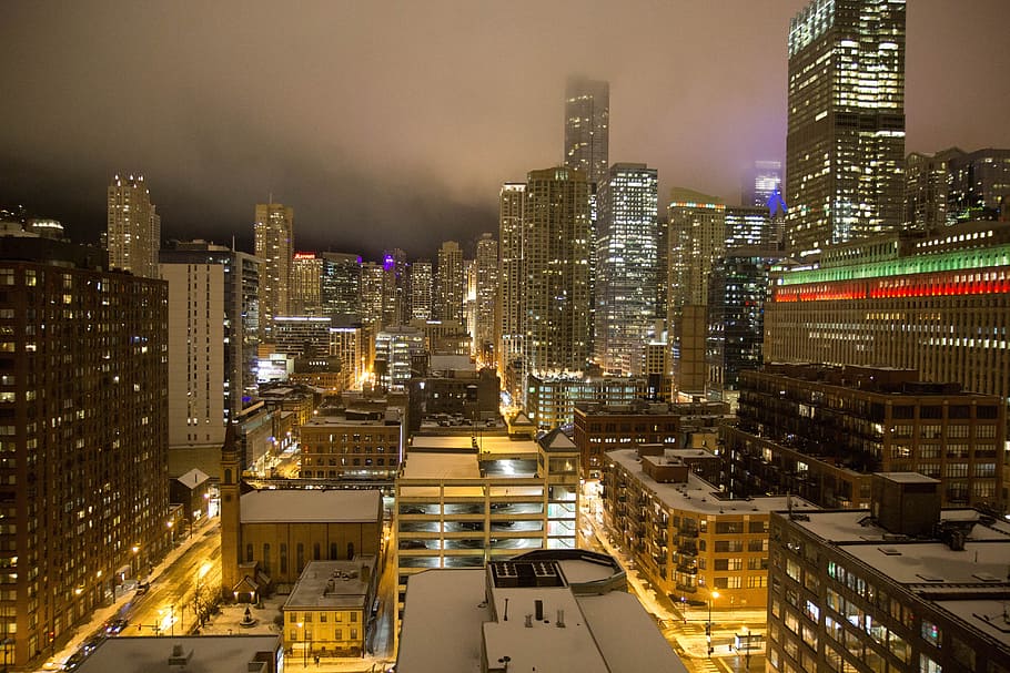 lighted, city buildings, nighttime, chicago, christmas, christmas lights, city, cityscape, foggy, night
