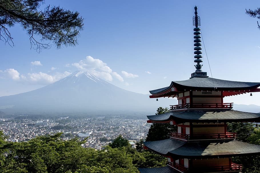 brown, white, pagoda, front, volcano, daytime, Japan, Mount Fuji, Yoshida, fuji yoshida