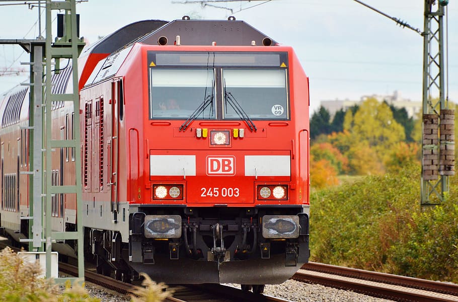 red, db 245 003 train, locomotive, loco, railway, train, seemed, travel, transport, wooden sleepers