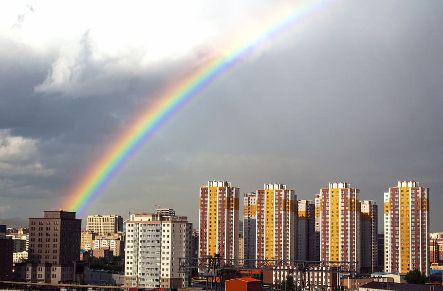 arco iris, lluvia, cielo, ciudad, clima, colorido, nubes, espectro, verano, ulaanbaatar