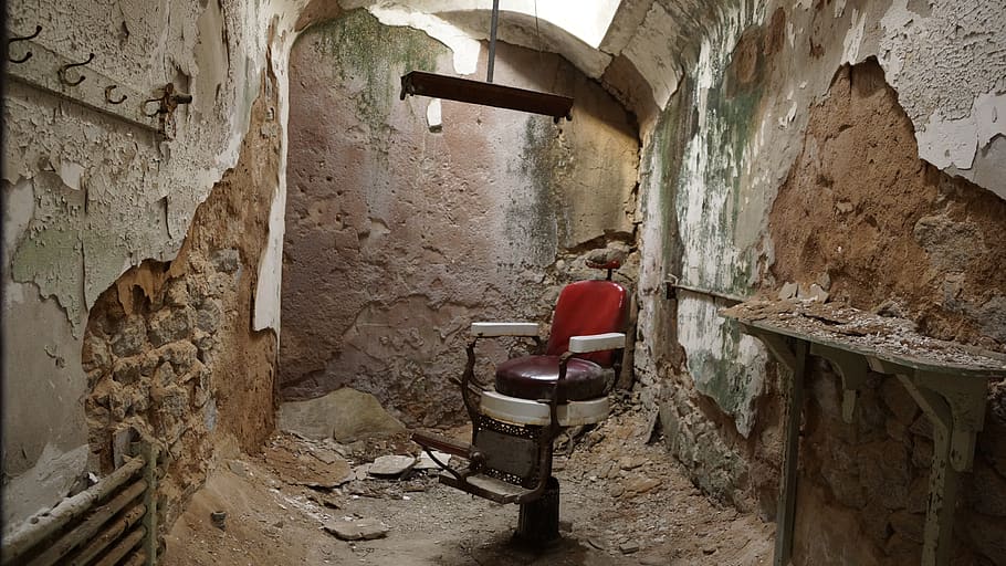 barber shop, chair, barber, salon, male, prison, forgotten places, ruin, cell, jail