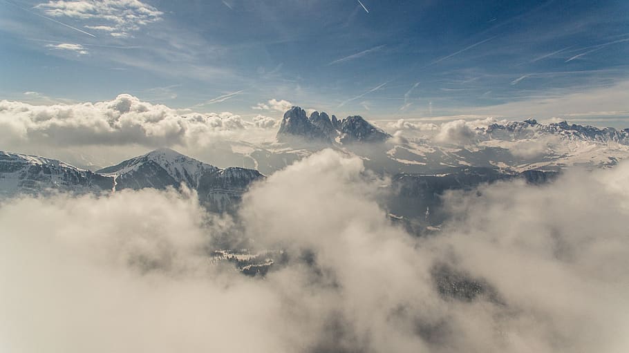 aerial, mountain, view, sky, clouds, high, scenic, landscape, nature, outdoors
