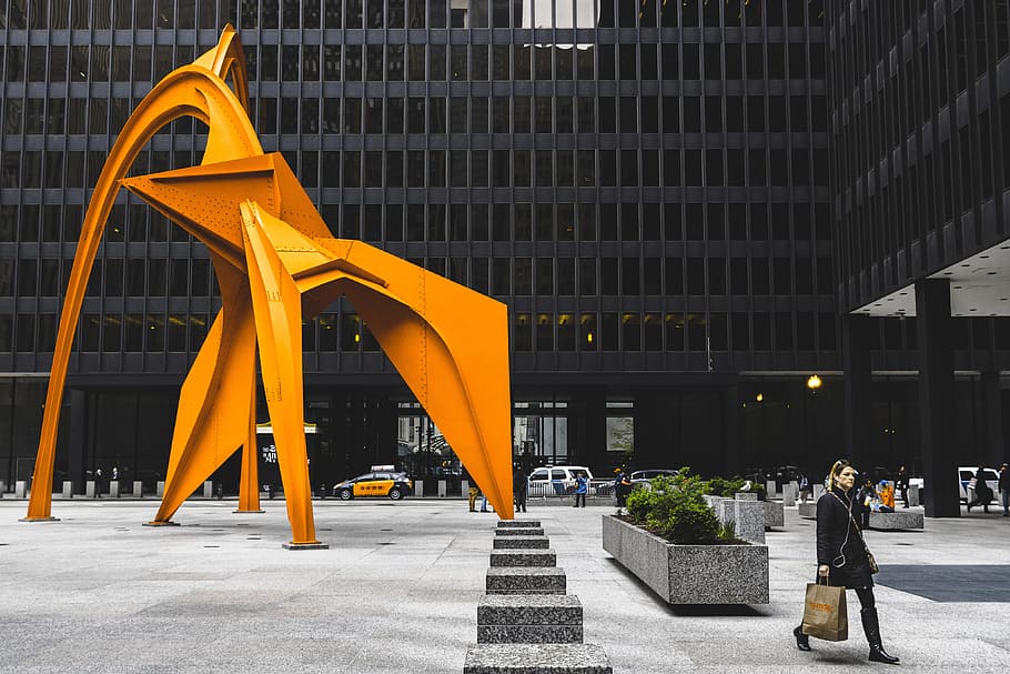 moderna, escultura de rua de arte, Arte moderna, escultura, centro de Chicago, urbano, cidade, pessoas, cena urbana, estrutura construída