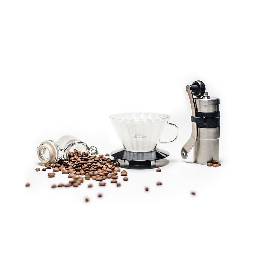 café, grão, semente, vidro, jarra, recipiente, eletrônico, moedor, moderno, tecnologia