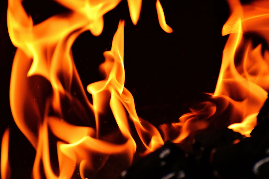 Fotografía macro, llama, fuego, carbón, caliente, brasas, barbacoa, resplandor, calor, quemar