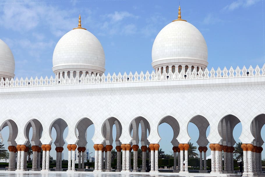 white, temple, blue, clouds, abu dhabi, sheikh zayed mosque, architecture, colonnade, dome, place of worship