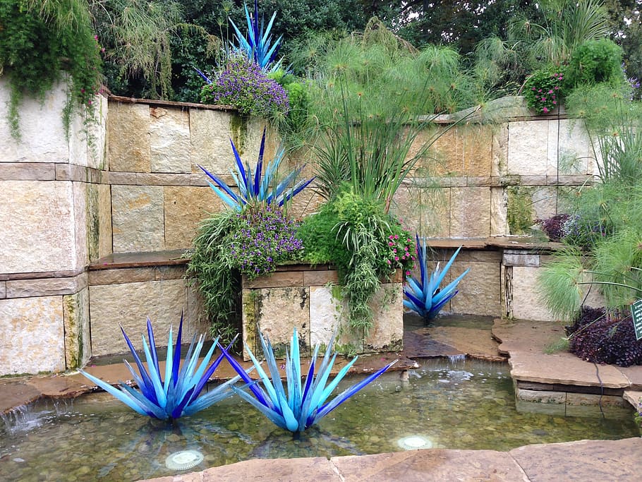 green, plants, wall, chihuly, blue glass, waterfall, dallas, garden, park, exhibition