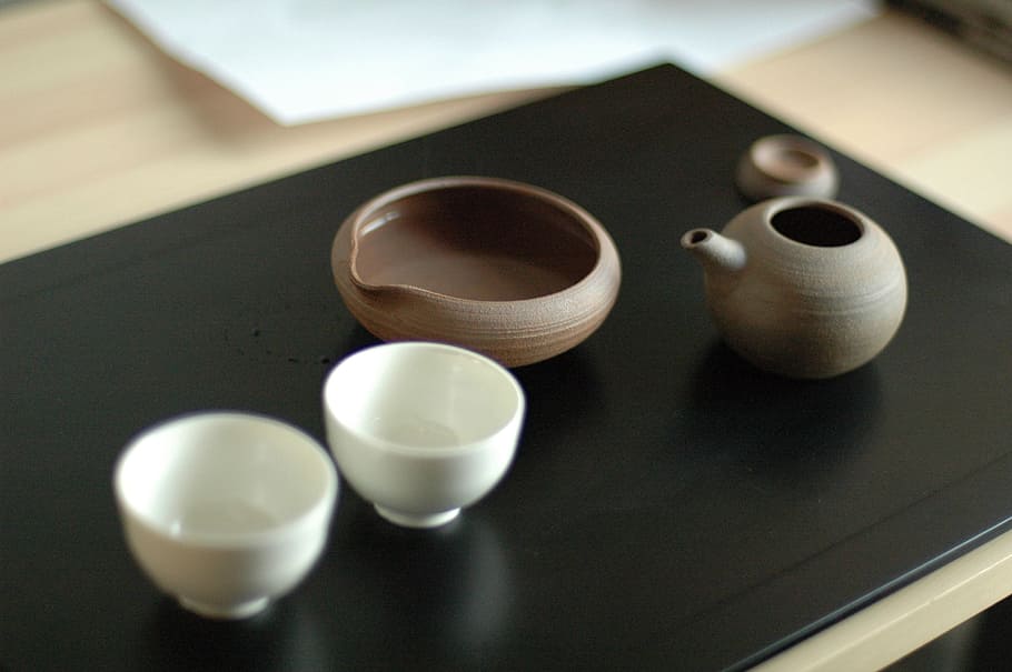 three, bowls, black, table, japanese tea, gyokuro, k, wabi sabi, indoors, high angle view