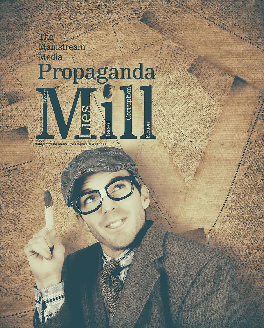 mainstream media propaganda book, mill, news, false, concept, information, text, background, lie, rumor