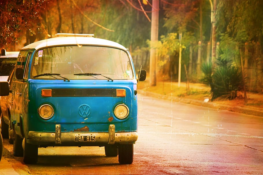 blue, volkswagen t 2, t2, parked, roadside, empty, road, truck, old, automobile