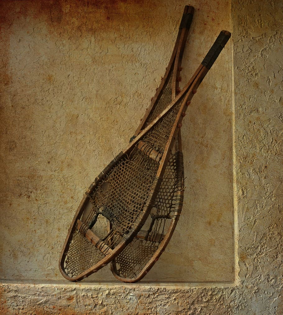 antique snowshoes, snowshoes, graphic, aged filter, antique, 120 years old, classic, sport, equipment, wooden