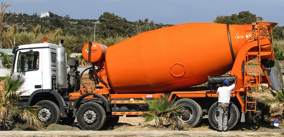 naranja, blanco, camión mezclador, durante el día, mezclador de cemento, camión, hormigón, cemento, construcción, maquinaria