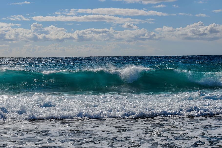 green, blue, water beach, waves, white, clouds, skies, wave, smashing, sea