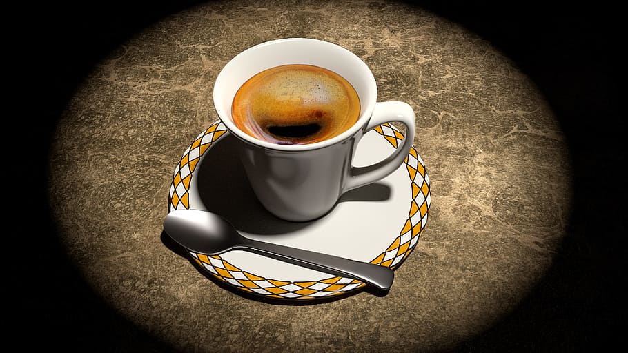 white, yellow, ceramic, cup, coffee illustration, coffee, still life, 3d, blender, drink