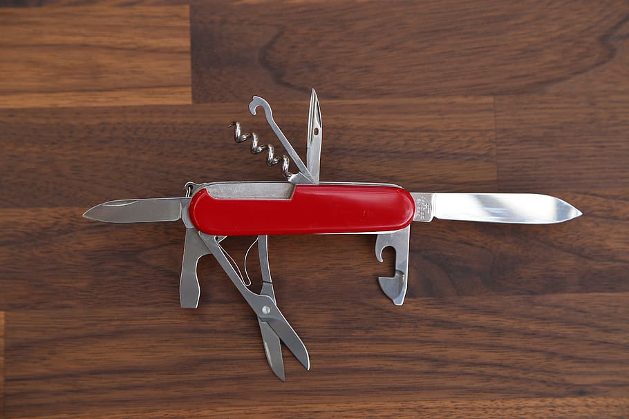 pocket knife, knife, sharp, metal, swiss army knives, cut, blade, opener, multifunction, indoors