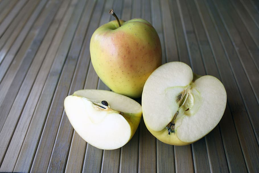 irisan, hijau, buah apel, abu-abu, kayu, permukaan, apel, buah, buah-buahan, makanan
