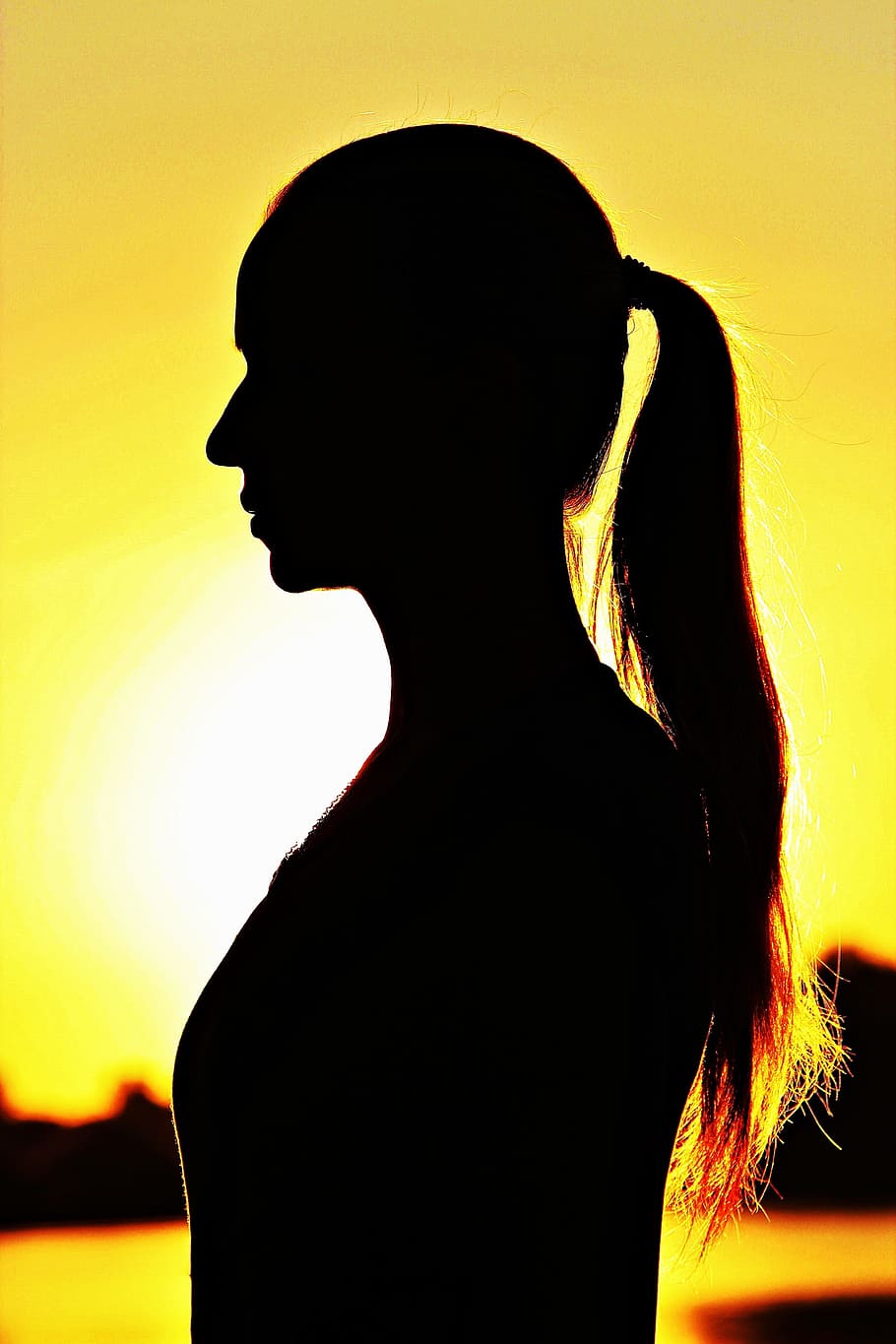 Silueta, Imagen de sombra, Mujer, Trenza, amanecer, una sola mujer, solo mujeres, amarillo, vista lateral, una persona