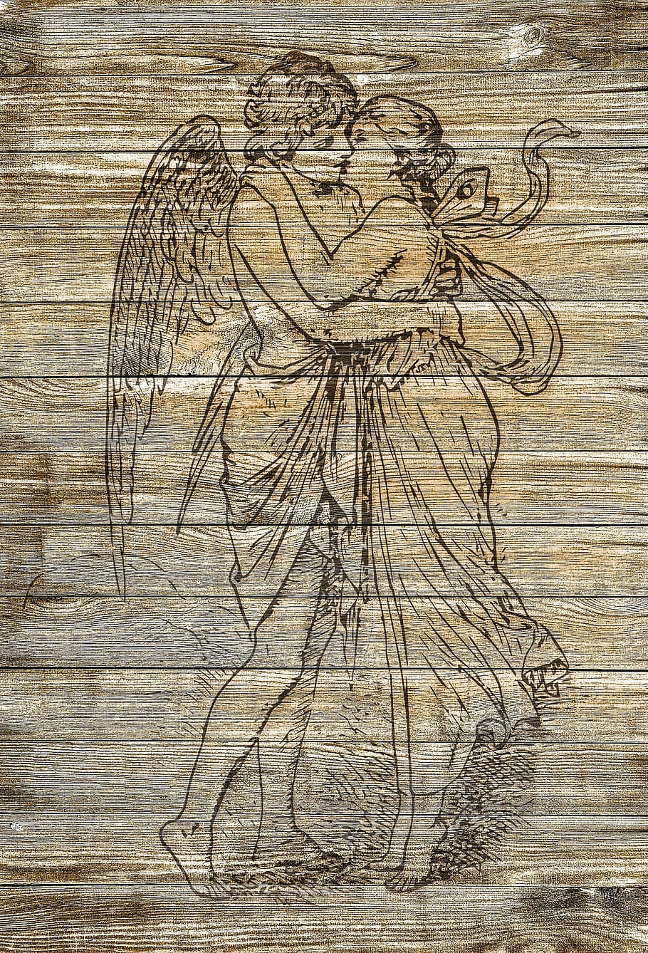 man, woman, kissing, printed, board, on wood, cupid, pair, kiss, vintage
