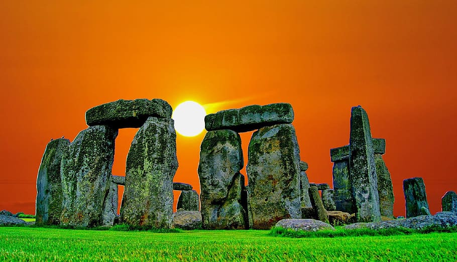 formación de piedra, dorado, hora, Stonehenge, puesta de sol, piedra, ruina, sol, estado de ánimo, tarde