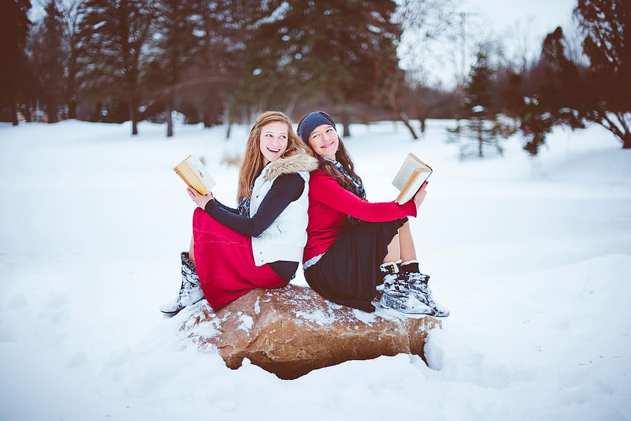 people, girls, lady, female, reading, bible, smile, laugh, happy, snow