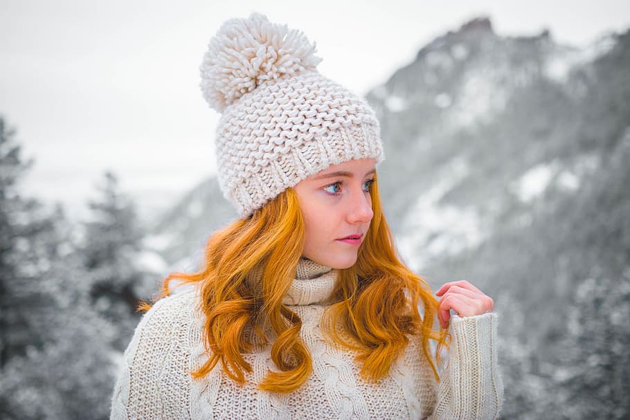 woman, wearing, white, knitted, bobble hat, people, cold, weather, jacket, bonnet