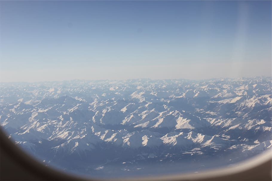 aerial, window, mountains, peaks, snow, view, sky, scenics - nature, beauty in nature, winter