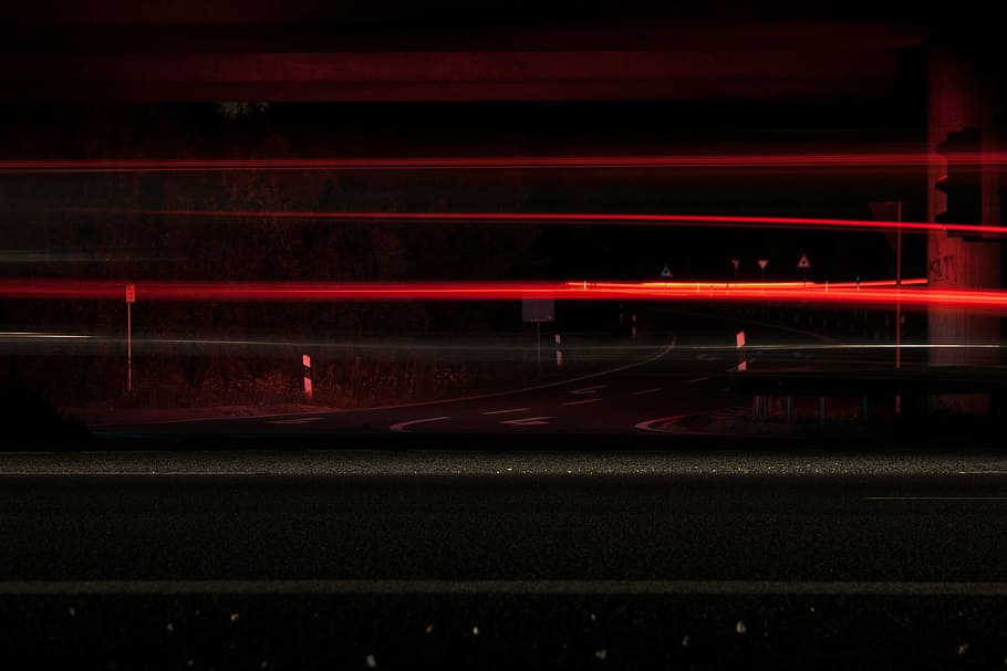 malam, jangka panjang, pencahayaan, merah, hitam, jembatan, lampu belakang, gelap, jalan, foto malam