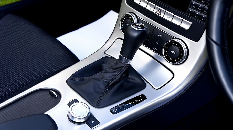 gray, black, vehicle gear shift lever, center stack, auto, automobile, automotive, benz, button, car