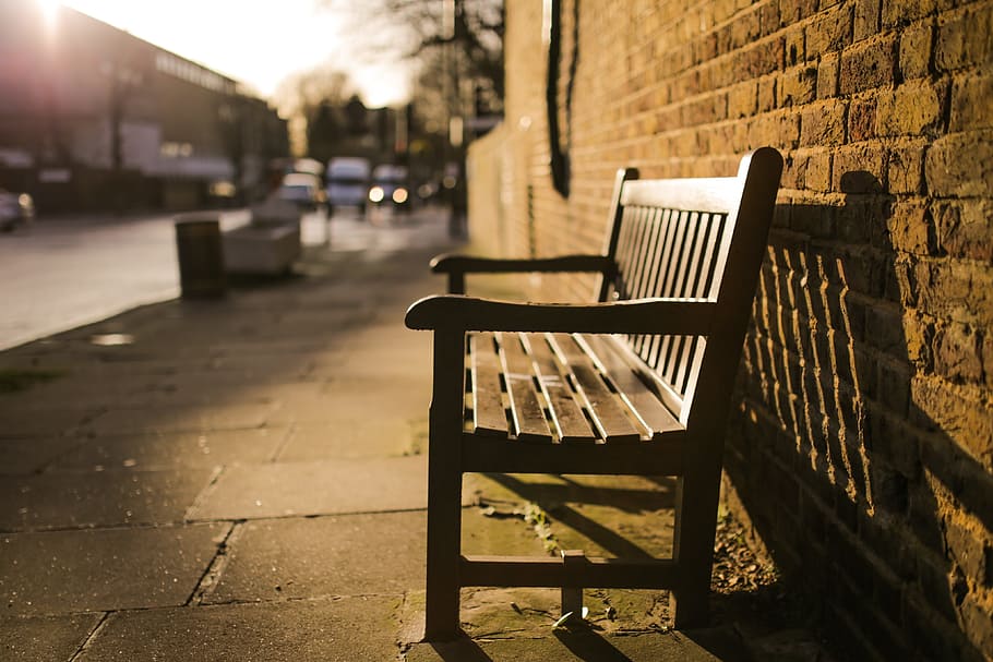 brown wooden bench, bench, settle, urban, relax, rest, seat, nobody, sunny, summer