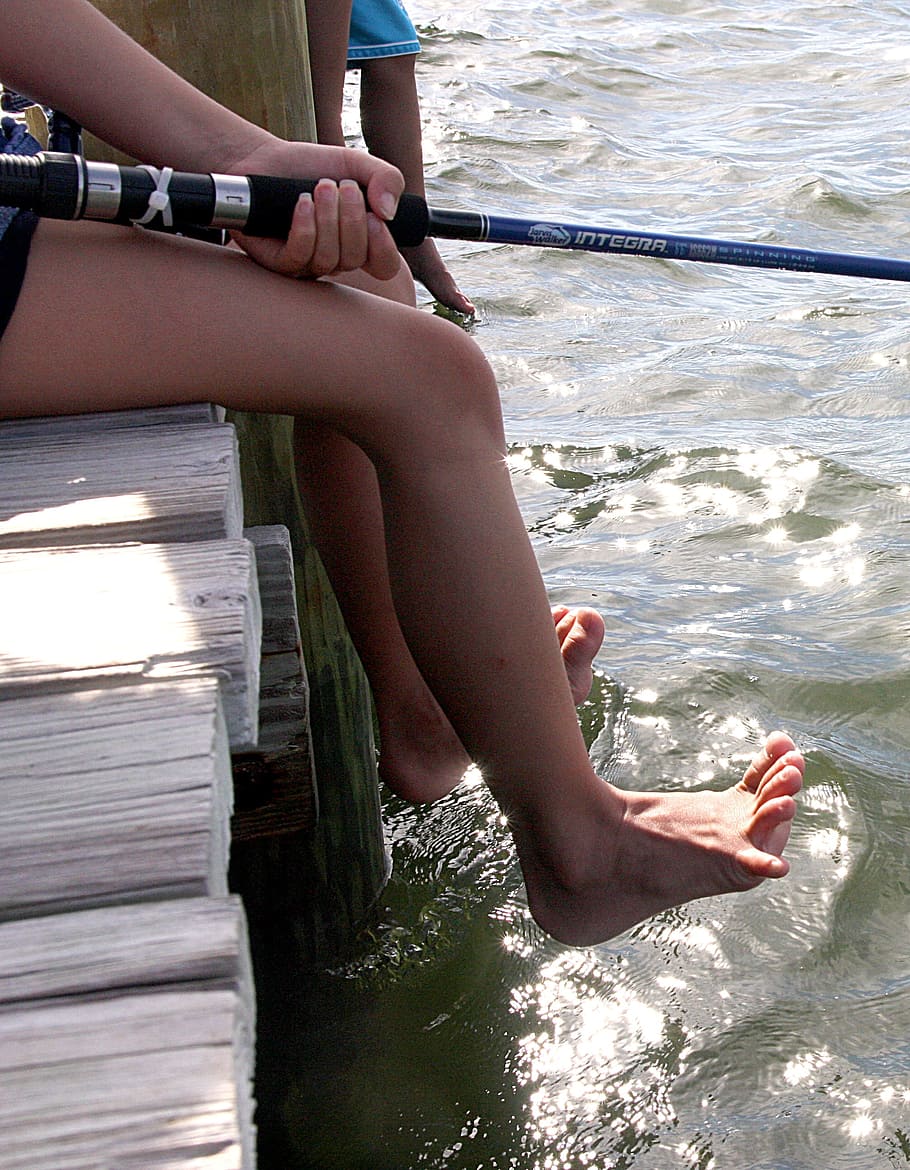 Kids, Toes, Feet, Fishing Pole, fishing, sitting, kid, rod, child, leisure