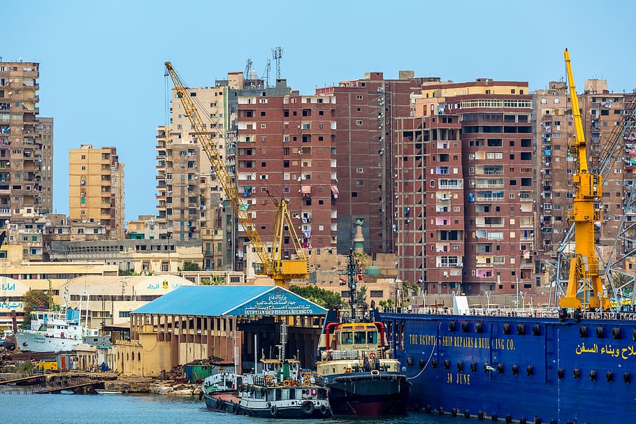 poor, crowded living, washing day, apartment, marina, cranes, urban, port, alexandria, egypt