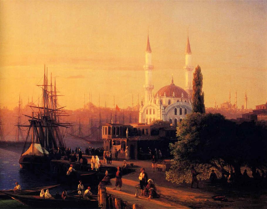 red, dusk skies, Ortakoy Mosque, Istanbul, Turkey, art, painting, public domain, mosque, minaret
