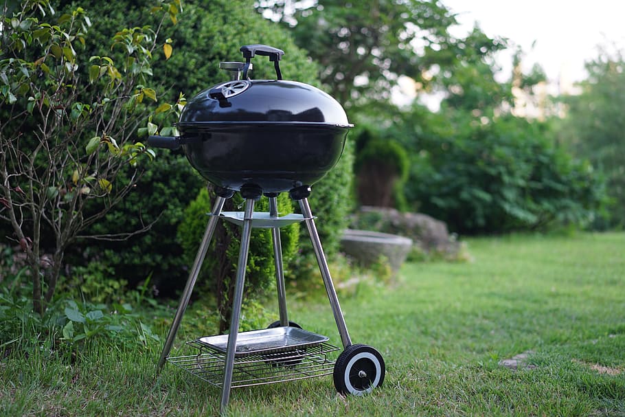 black, steel charcoal grill, green, leafed, plant, barbecues, grill, grass, dinner, meat