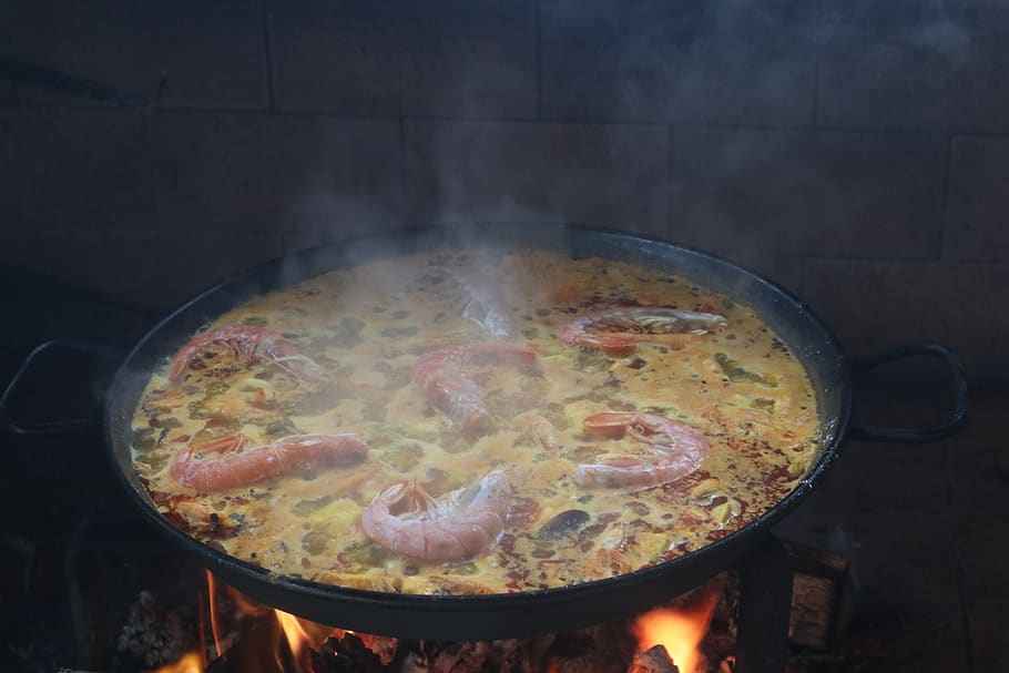 paella, fideua, cozinhar, fogo, madeira, comida, mediterrâneo, espanha, tradicional, valência