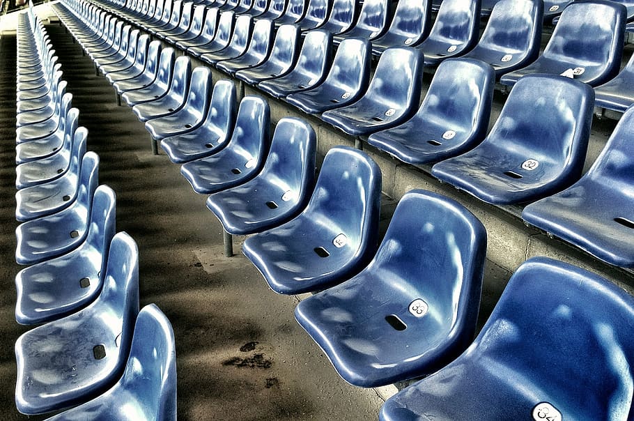 fila, azul, silla de pandillas, sentarse, tribuna, teatro, estadio de fútbol, ​​audiencia, espectadores, reloj