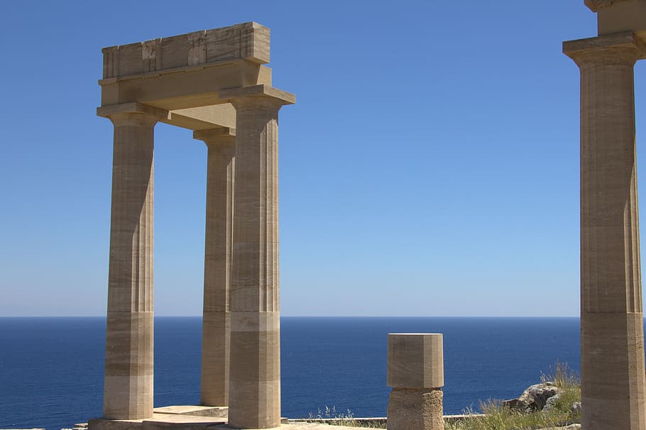 grécia, rhodes, lindos, acrópole, templo, pedra, mar, céu, arquitetura, grego