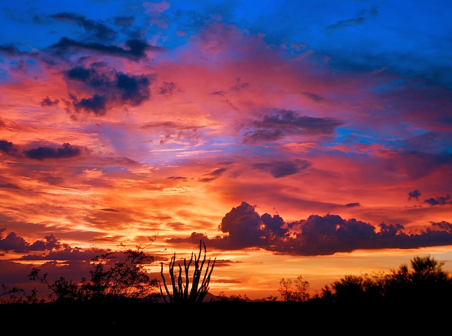 Arizona, Tucson, Pôr do sol, Monção, Deserto, natureza, cores vibrantes, paisagens, céu, céu dramático