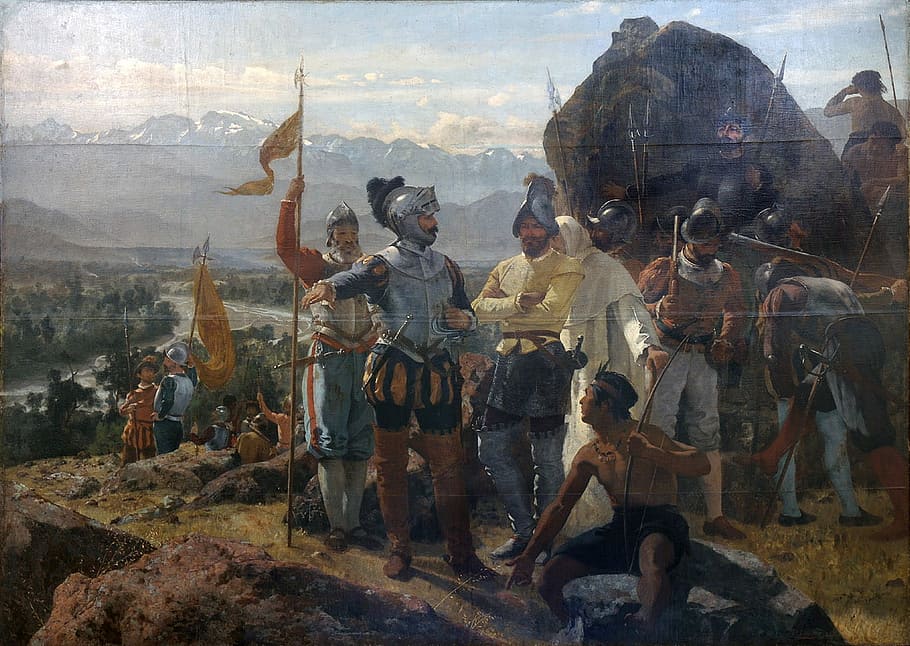fundación, santiago, chile, 1541, obra de arte, fundación de santiago, histórico, pintura, dominio público, personas