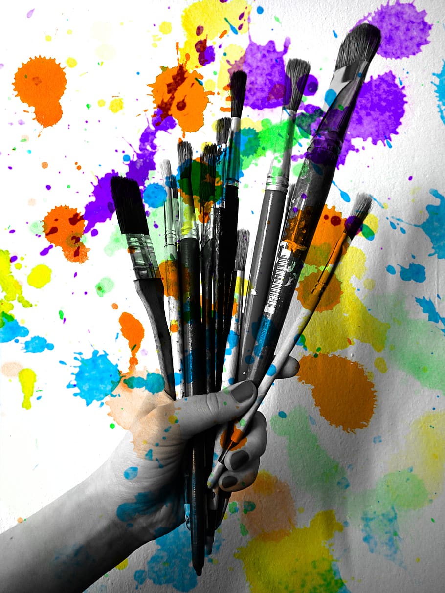 criatividade, pincéis, pintura, a arte de, pincel, cores, multi colorido, mão humana, mão, arte e artesanato