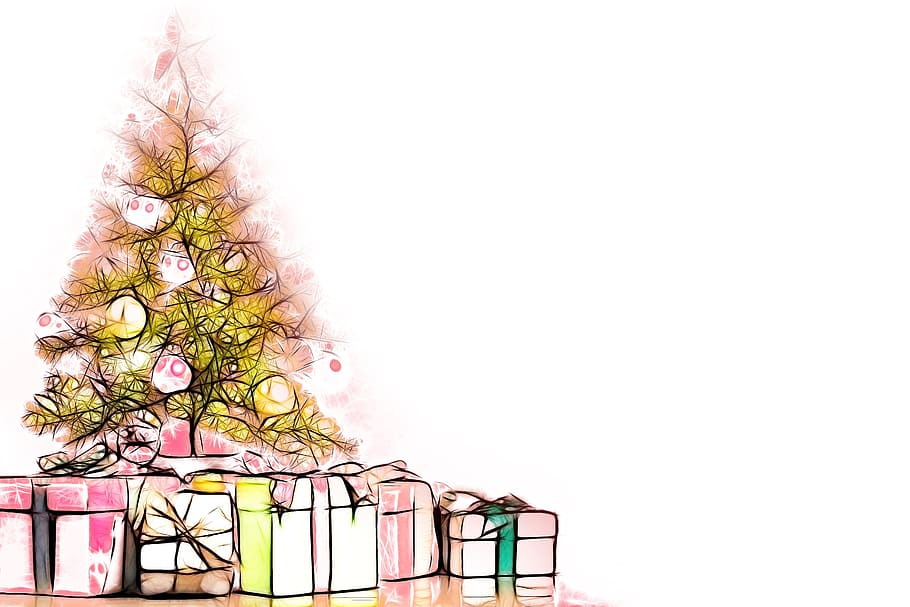 gift boxes, yellow, christmas tree illustration, christmas, decorate, decoration, gift, gifts, tree, plant