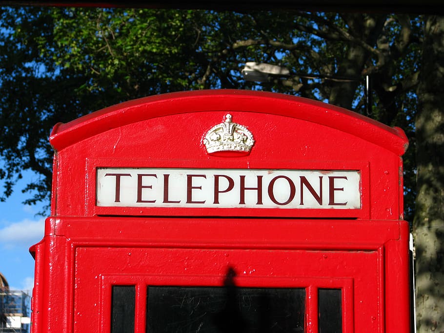uk, london, telephone, booth, red, communication, text, western script, telephone booth, tree