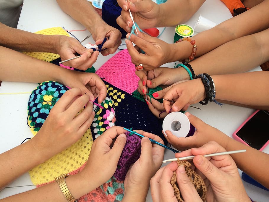 group, people, knitting, together, crochet, crafts, thread, human hand, group of people, hand